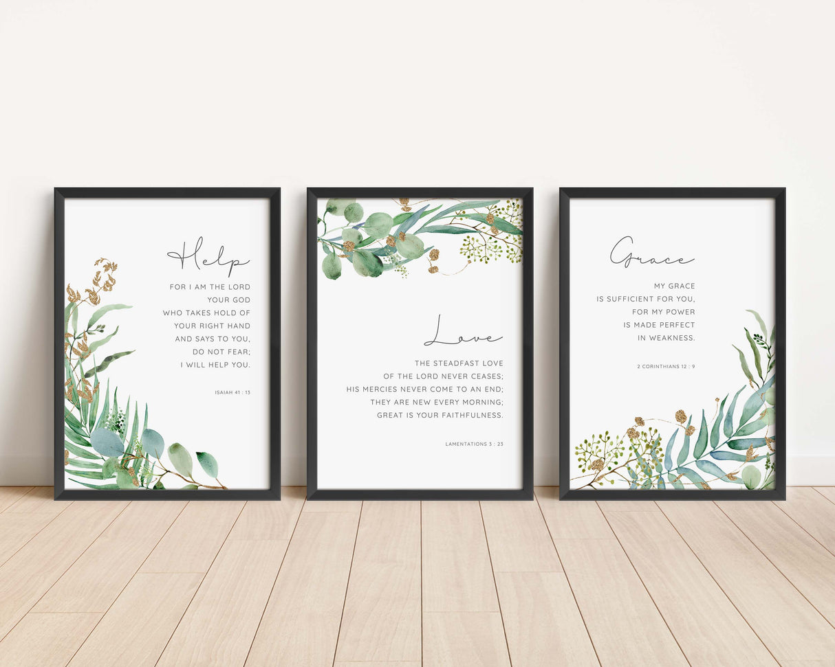 Promises of God wall art with watercolor leaf surrounds, Watercolor botanical Bible verse prints, Promises of God wall art set