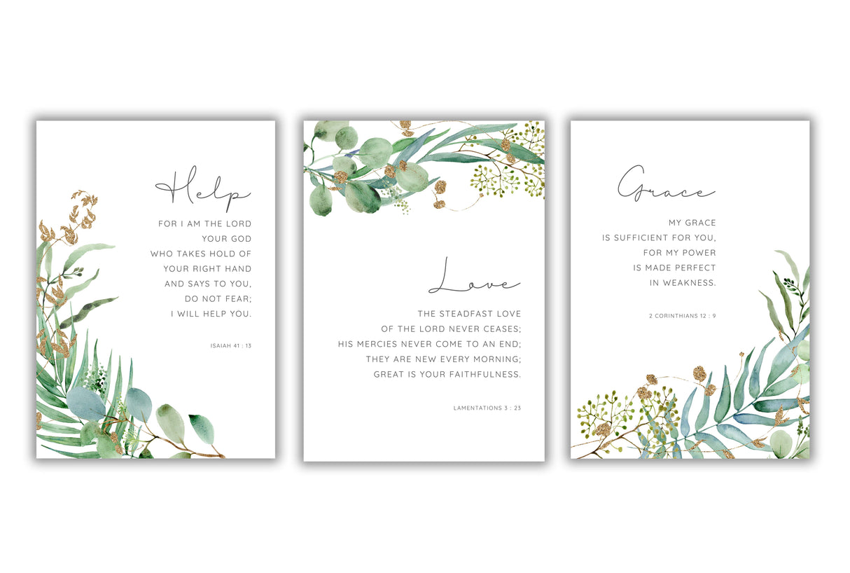 Leaf surround scripture prints, Inspirational Bible verses with botanical backdrop, Nature-inspired promises of God prints