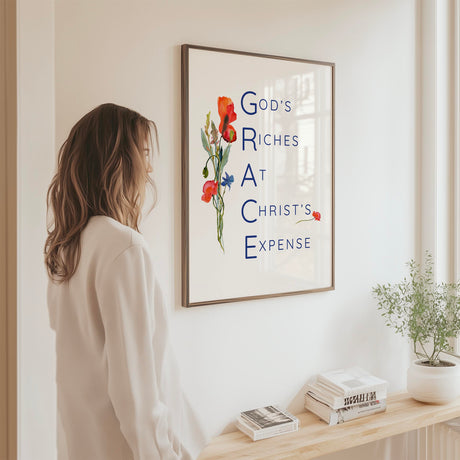 Christian wall art featuring a watercolour floral bouquet and the acronym GRACE.