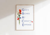Delicate wildflower print with a message of God’s grace, painted in soft pinks, greens, and blues.