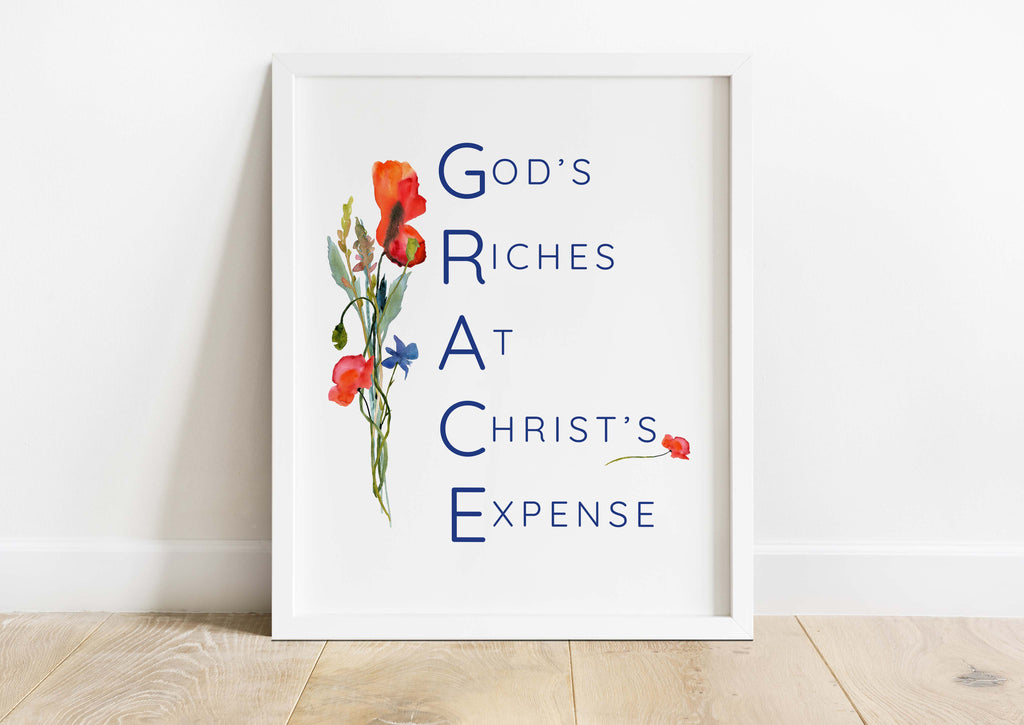 Graceful watercolor flowers and GRACE letters make this Christian print a touching tribute to God's love and Christ's sacrifice.