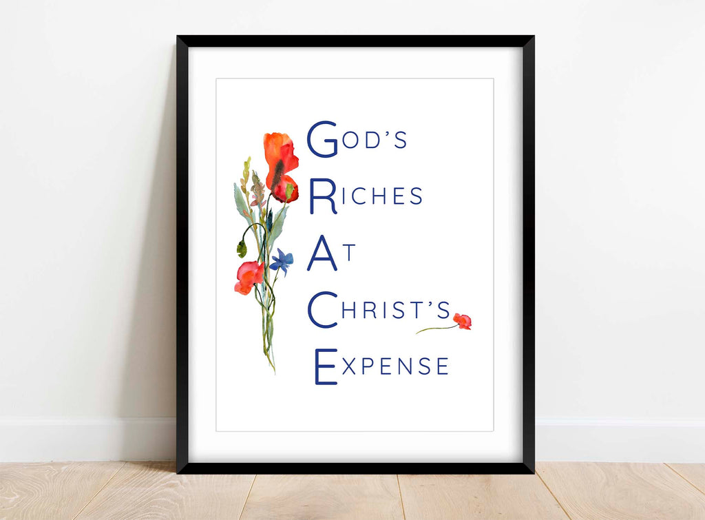 Celebrate faith with a charming Christian print - a little bouquet of watercolor flowers forming the acronym GRACE.