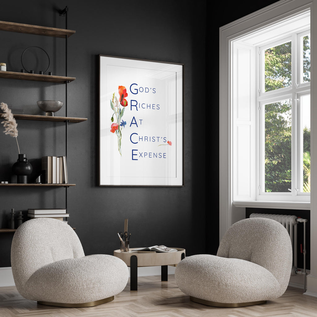 Christian wall art: a gentle bouquet of watercolor flowers with GRACE letters, a meaningful representation of divine grace