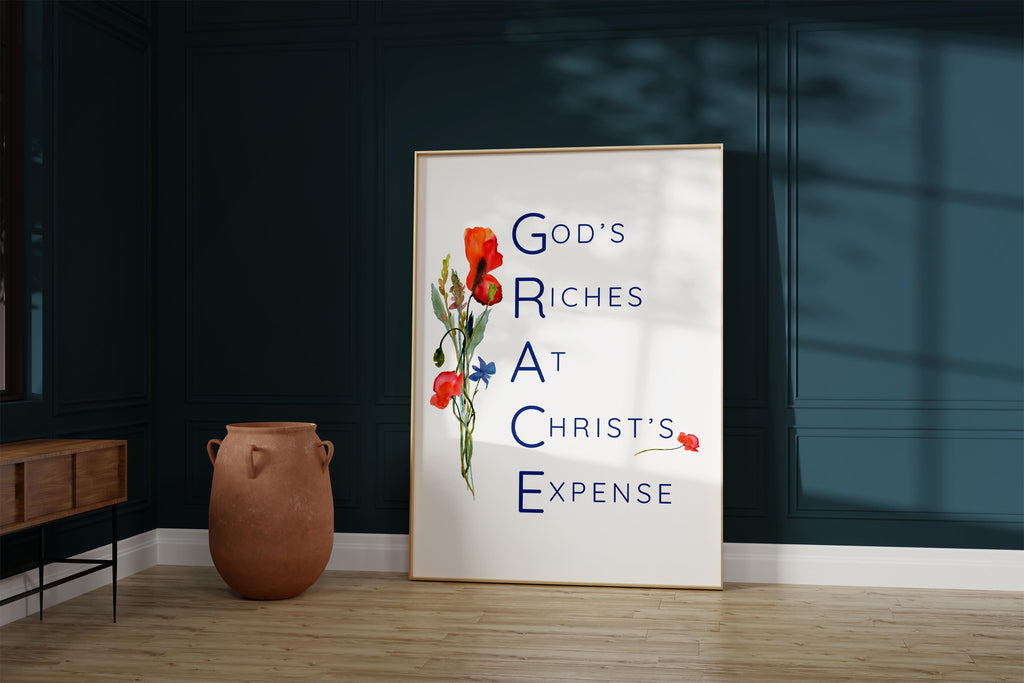 Elevate your space with a GRACE-themed Christian print - watercolor flowers and meaningful acronym remind us of God's love