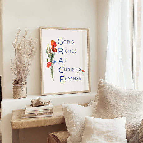 Grace print with wildflower bouquet and the words 'Gods Riches At Christs Expense' in soft watercolour tones.