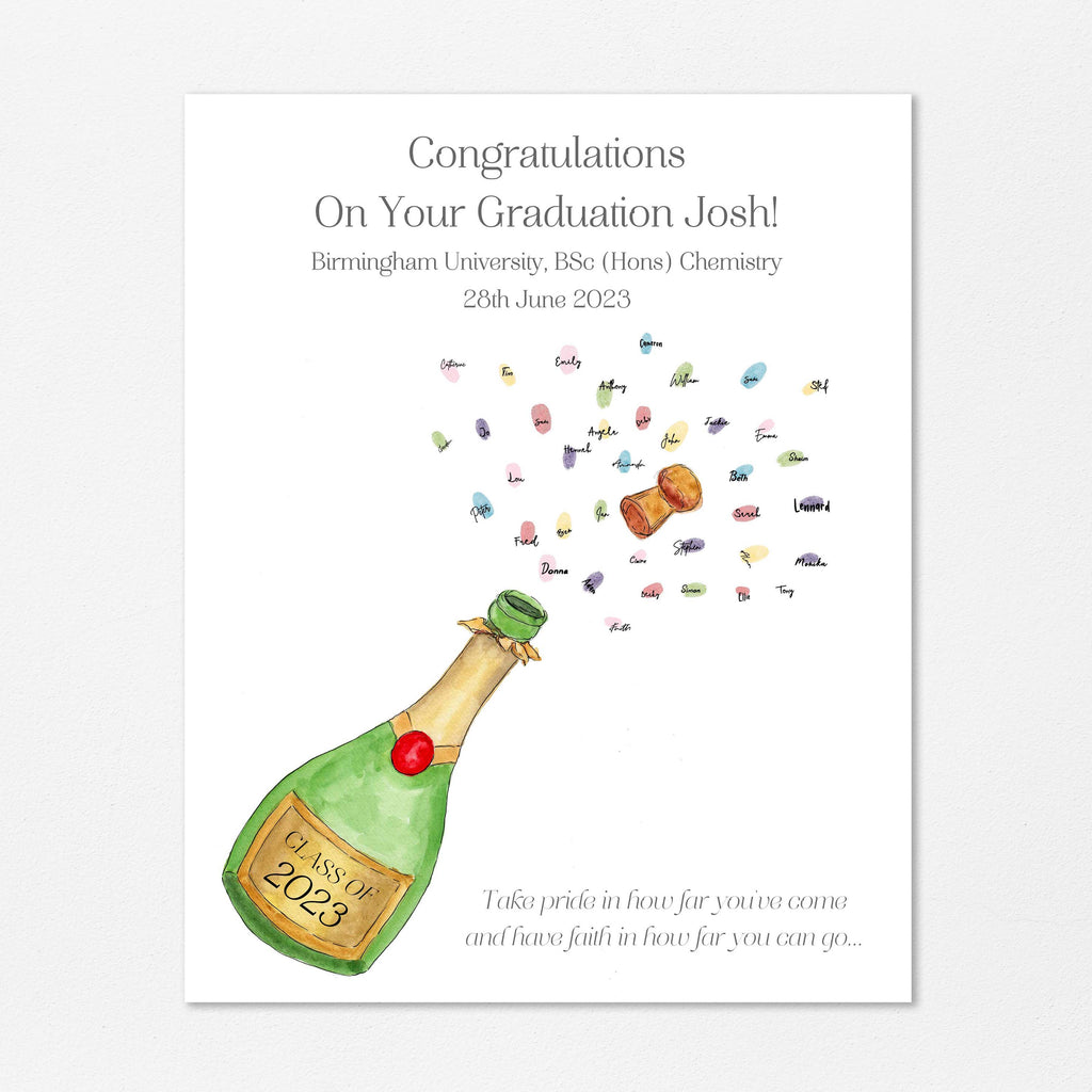 Unique graduation party print with fingerprint bubbles, Customizable champagne bottle fingerprint art for graduation