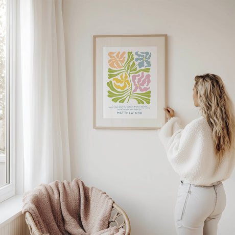 Faith-filled home decor print with modern flowers and an encouraging verse from Matthew 6 30.