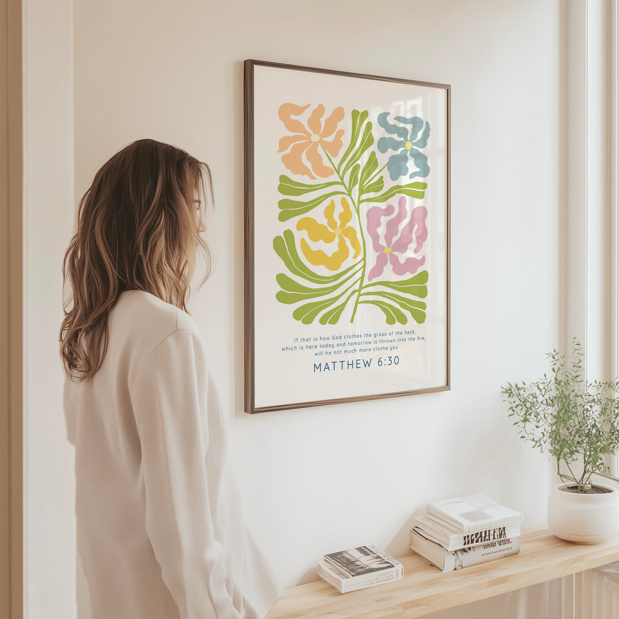 Colourful Scripture art print reminding us of God's provision, designed in a bold artistic floral style.