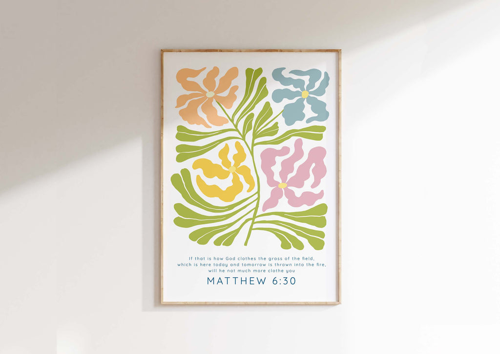 Contemporary Christian wall art with Matthew 6:30 verse, Modern faith art with floral Matisse design and Scripture