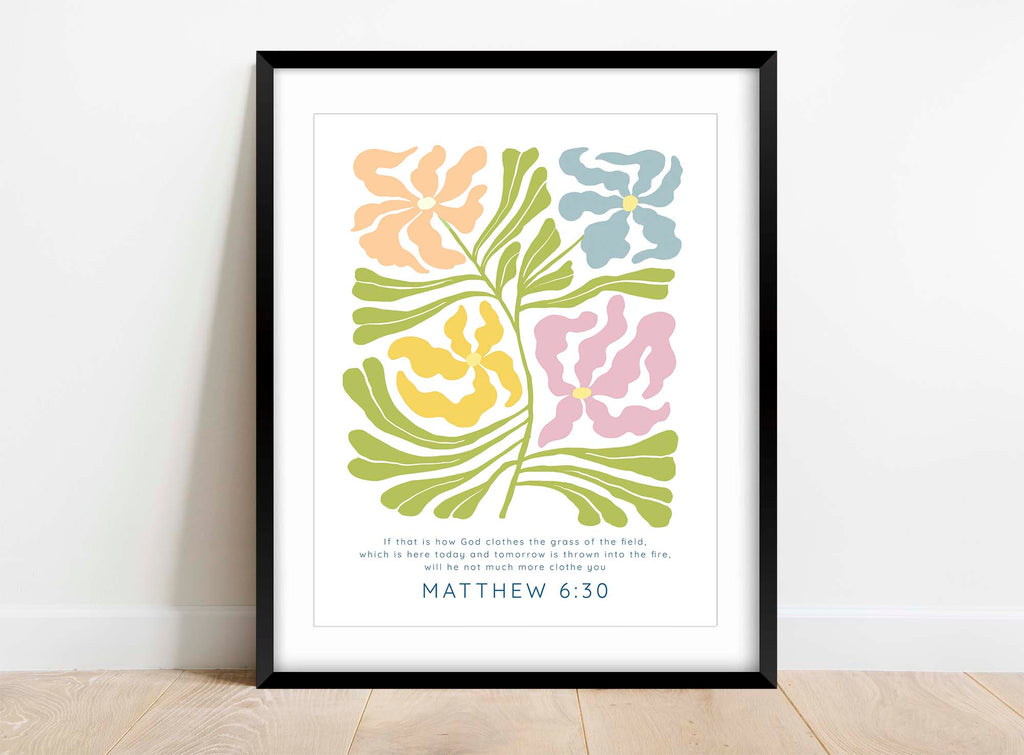 Inspirational Scripture art with Matisse-inspired floral motif, Matthew 6:30 quote in Matisse art style