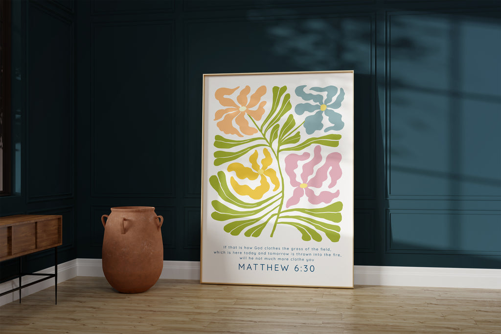Graceful floral artwork with Matthew 6:30 Scripture, Matisse-inspired floral wall art with encouraging quote