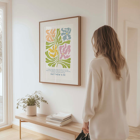 Matthew 6 30 floral Bible verse print featuring the words “Will He Not Much More Clothe You” in Matisse-style design.