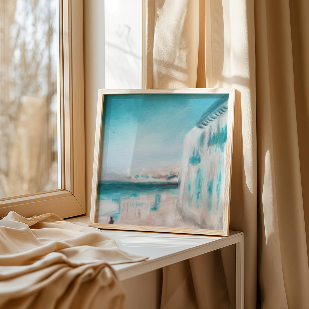 Coastal-inspired artwork named HarbourLight with serene harbour colours