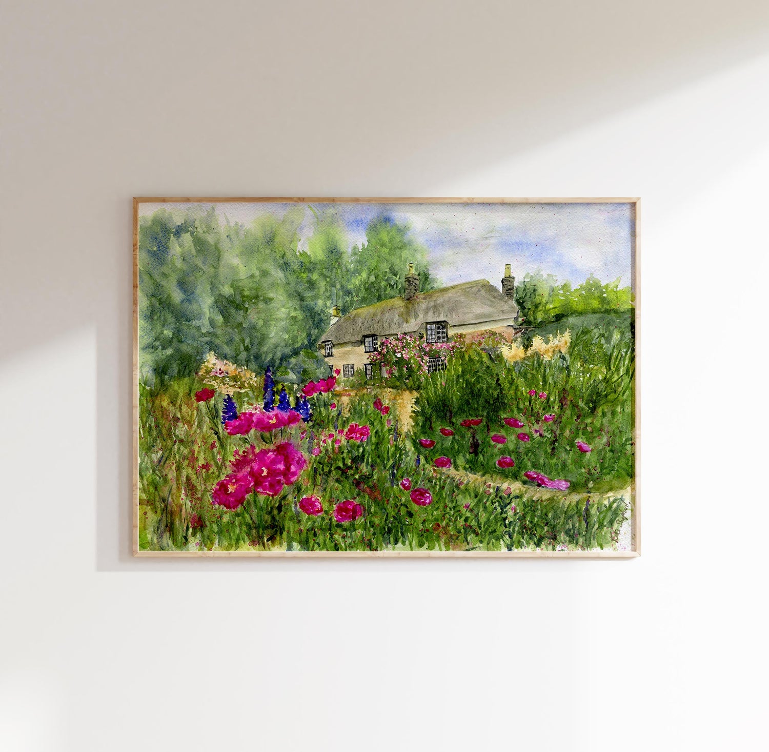 Blooming cottage garden art print of Hardy’s Cottage.