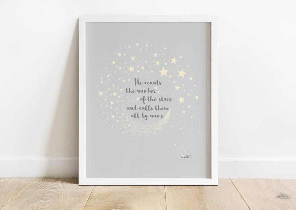 Christian Baby Gift, He Counts the Stars and Moon Nursery, Psalm 147, Bible Quote Art for Nursery, 
