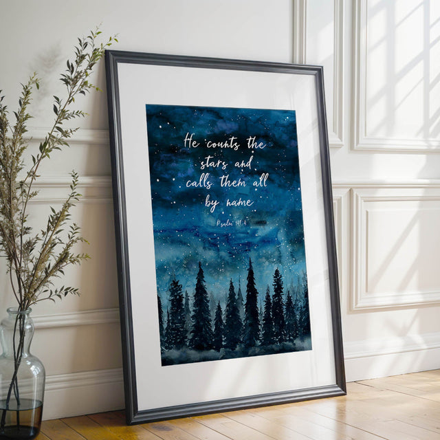 Watercolour forest and starry sky print with Psalm 147:4 Bible verse, Christian faith wall art.