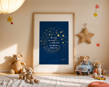Christian wall art print with Psalm 147 verse over a starry sky backdrop reminding God counts and names the stars.