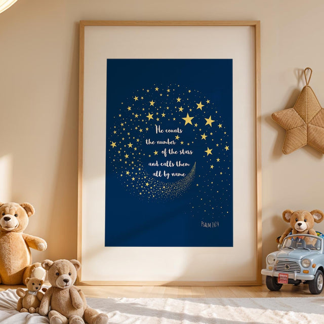 Christian wall art print with Psalm 147 verse over a starry sky backdrop reminding God counts and names the stars.