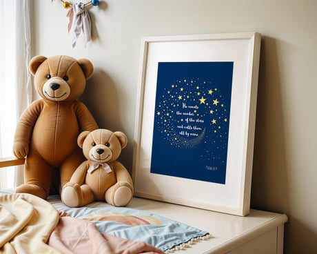 Faith-inspired starry night wall art with the verse He counts the stars and calls them all by name from Psalm 147.