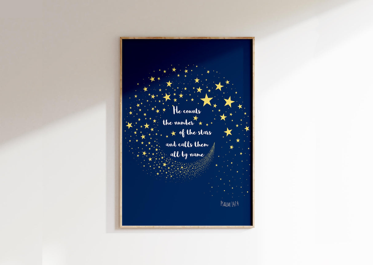 Bible verse art featuring night sky illustration and Psalm 147 to encourage faith and wonder in God's creation.