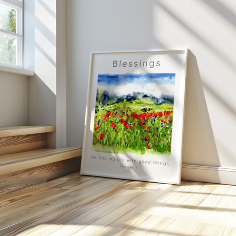 Christian wall art featuring Psalm 103:5 in elegant script over a hand-painted wildflower landscape.