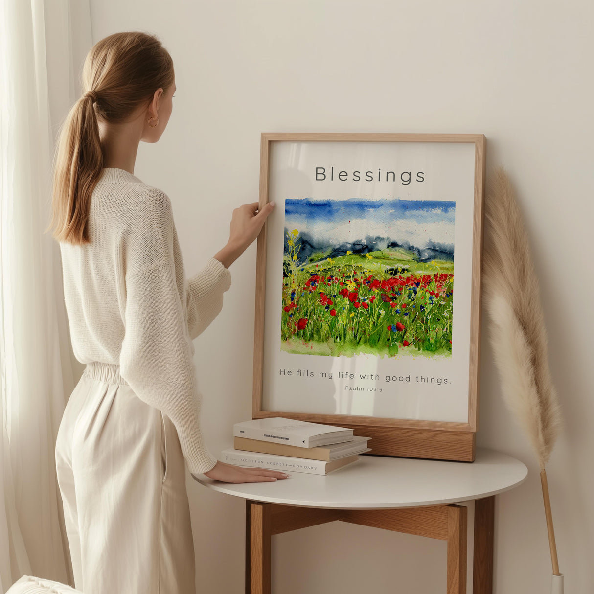 Tranquil faith-based print with delicate wildflowers and a comforting Bible quote about God's goodness.
