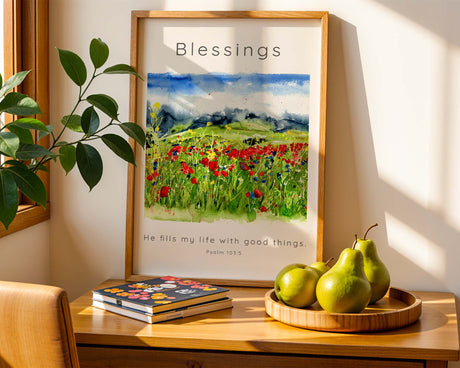 Serene Christian decor showing a meadow scene and the verse “He fills my life with good things” from Psalm 103.
