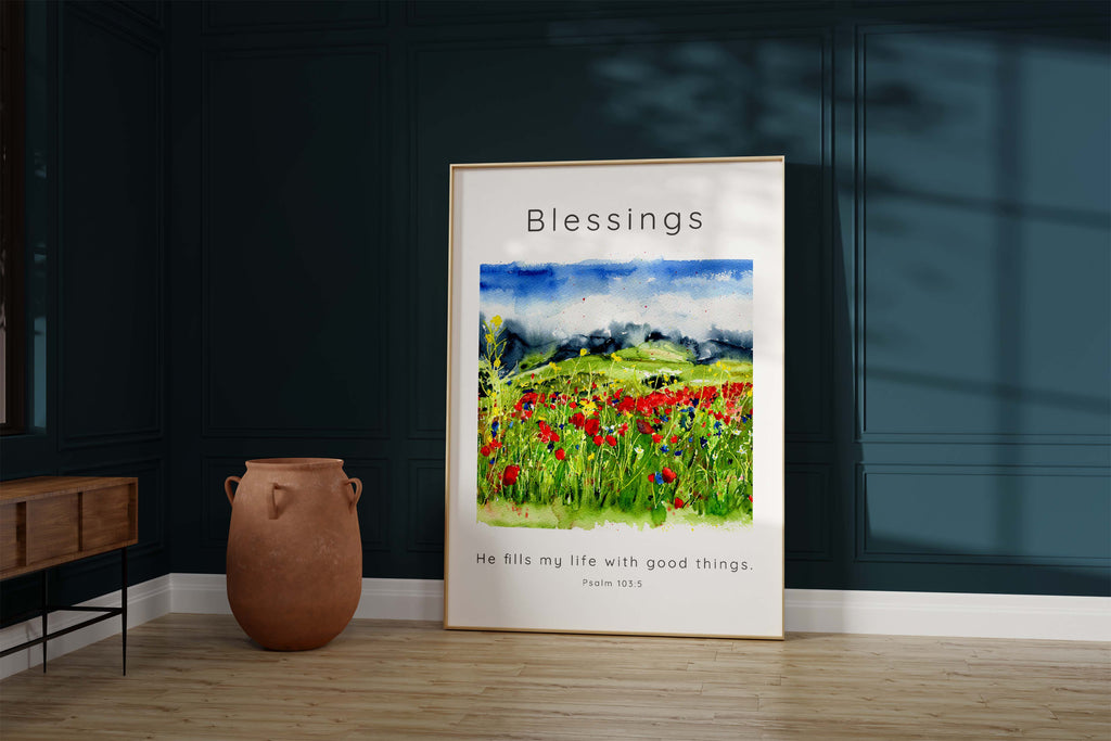Christian wall decor with wildflower meadow illustration, Encouraging scripture print for gratitude, Psalm 103:5 prints