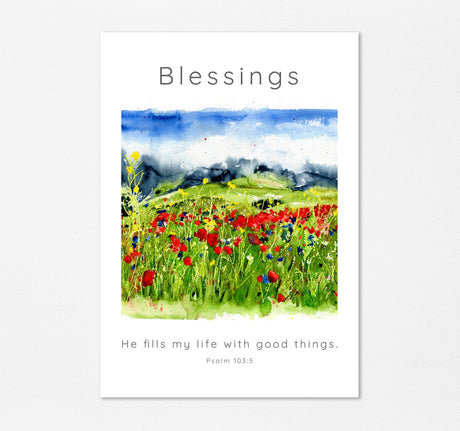 Psalm 103:5 watercolour illustration for faith-filled homes, Wildflower meadow painting paired with uplifting verse