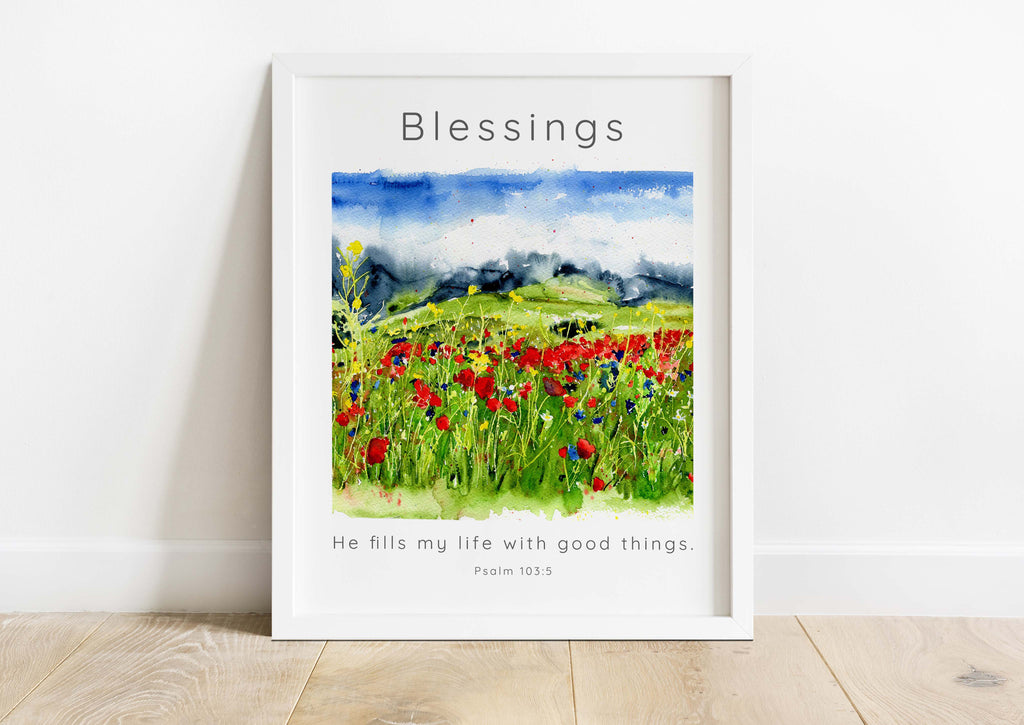 Psalm 103:5 watercolour print for spiritual upliftment, Wildflower meadow artwork with divine provision theme