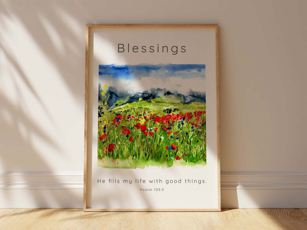 Gratitude-themed home decoration with Psalm 103:5, Christian art print with wildflower meadow illustration, psalm 103 art