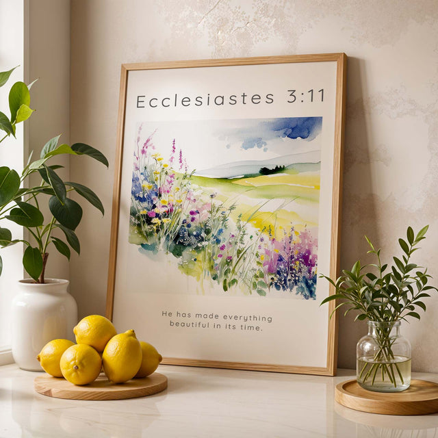Floral Bible verse artwork with vivid wildflowers and a message about beauty and divine timing.