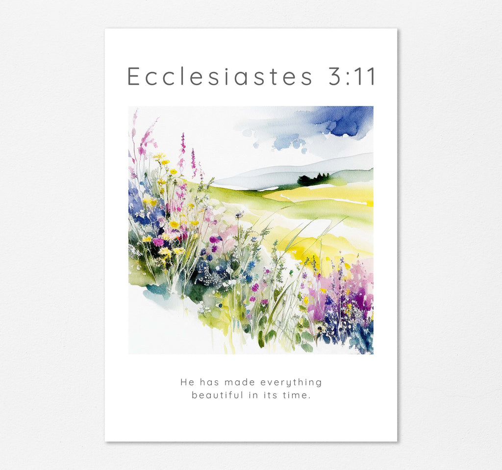 Nature's beauty Ecclesiastes quote artwork, Stunning flower meadow print with Bible verse