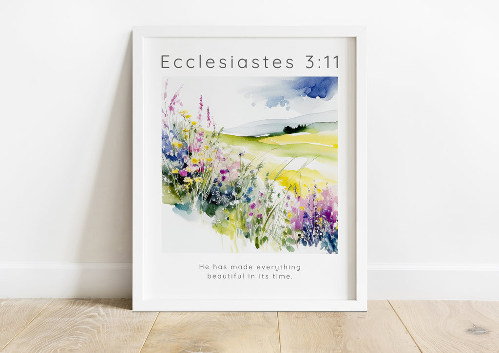 Inspirational wall art with Ecclesiastes 3:11, Flower field Bible verse print gift, Spiritual floral meadow wall art UK