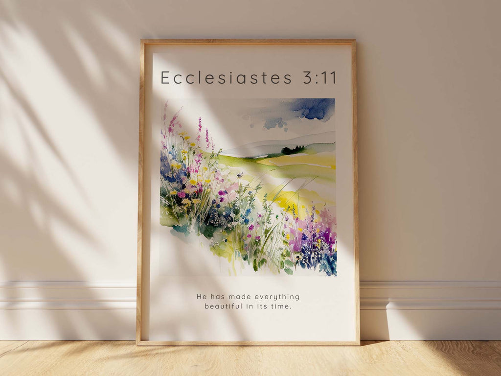Blossoming meadow decor with scripture, Ecclesiastes 3:11 verse on flower field canvas, Ecclesiastes quote artwork