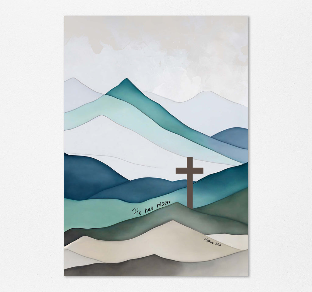 He Has Risen Christian artwork, Easter cross and mountain decor, Majestic mountain cross wall print, Faith-inspired Jesus Cross decor