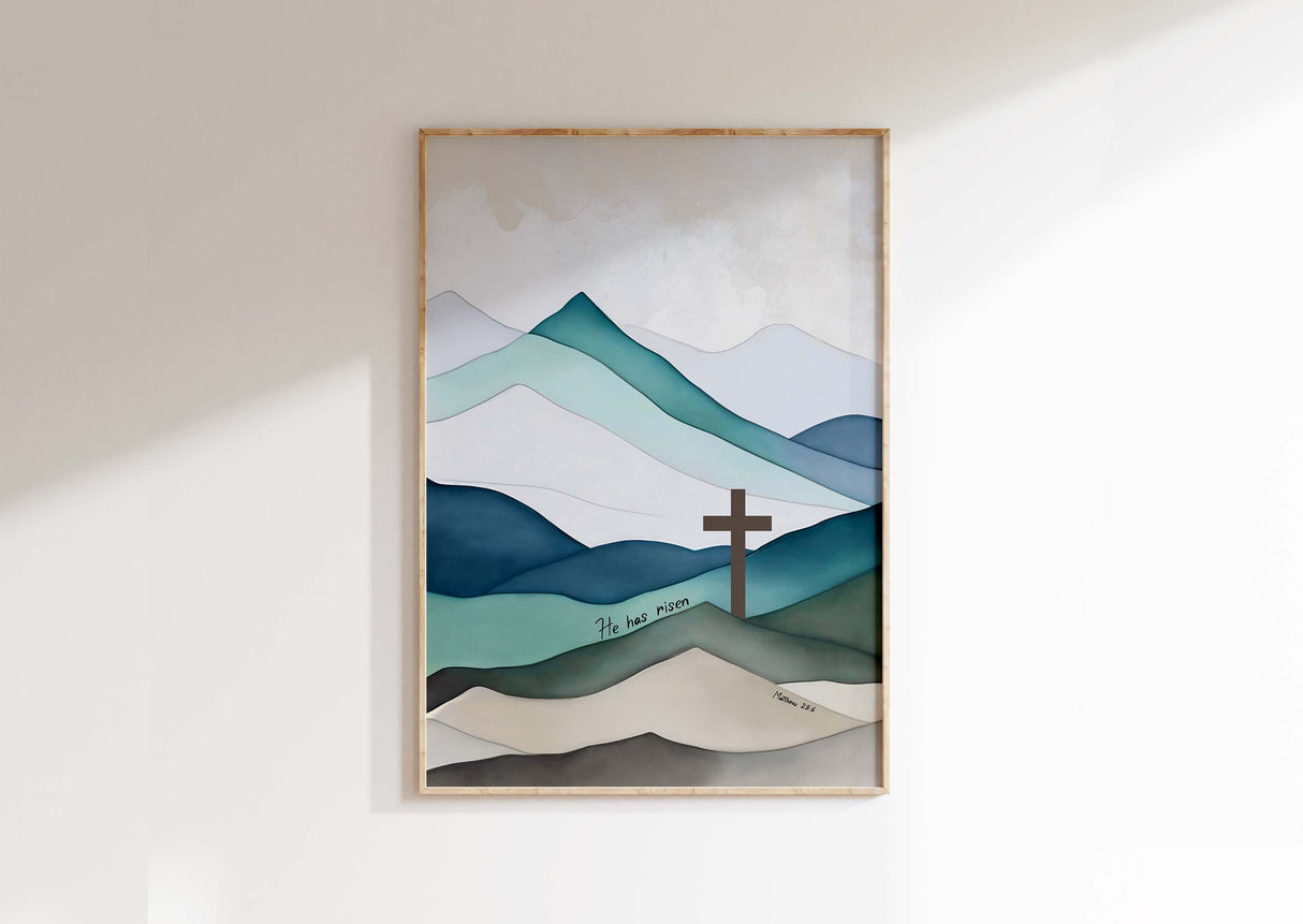 He Has Risen Easter Decor, Matthew 28 6 Jesus Cross Wall Art Print, Christian wall art with mountains, cross wall art print