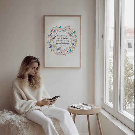 Psalm 91 print with floral wreath and birds, He Will Cover You With His Feathers, Christian wall art.