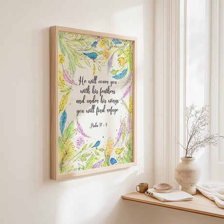 Bible verse wall art, Under His Wings You Will Find Refuge, pastel birds and leaves surround.