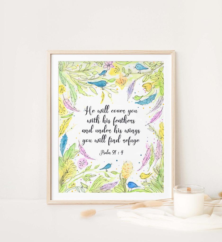 Hand-drawn watercolor bird print with Psalm 91:4 verse, Yellow and green theme Psalm 91:4 wall art, psalm 91 4 print