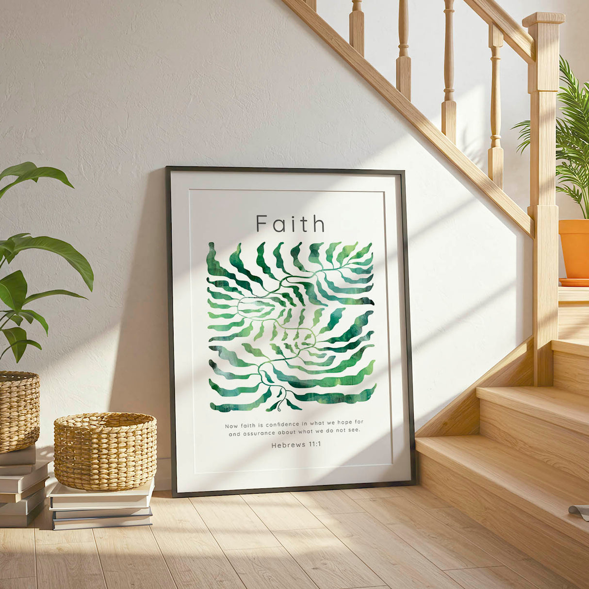 Hebrews 11:1 - Scripture verse print with winding leaf pattern symbolising trust through life's uncertain paths.