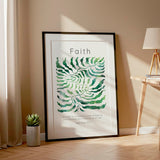 Hebrews 11:1 - Faith scripture verse print with winding watercolour botanical leaves in soft neutral green tones.
