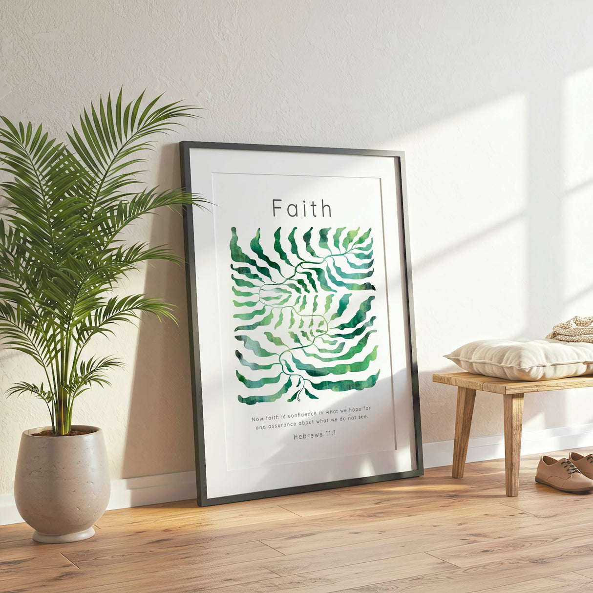 Hebrews 11:1 - Christian wall art featuring flowing green leaf design symbolising the twists and turns of faith.