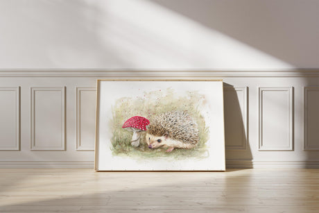 'Among the Toadstools' Woodland Hedgehog Watercolour Wall Print, Forest Inspired Animal Illustration Home Decor for Nature Lover