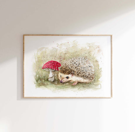 'Among the Toadstools' Woodland Hedgehog Watercolour Wall Print, Forest Inspired Animal Illustration Home Decor for Nature Lover