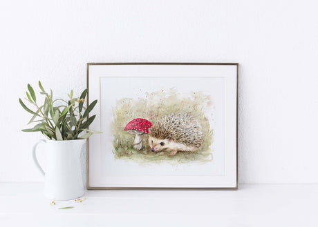 'Among the Toadstools' Woodland Hedgehog Watercolour Wall Print, Forest Inspired Animal Illustration Home Decor for Nature Lover