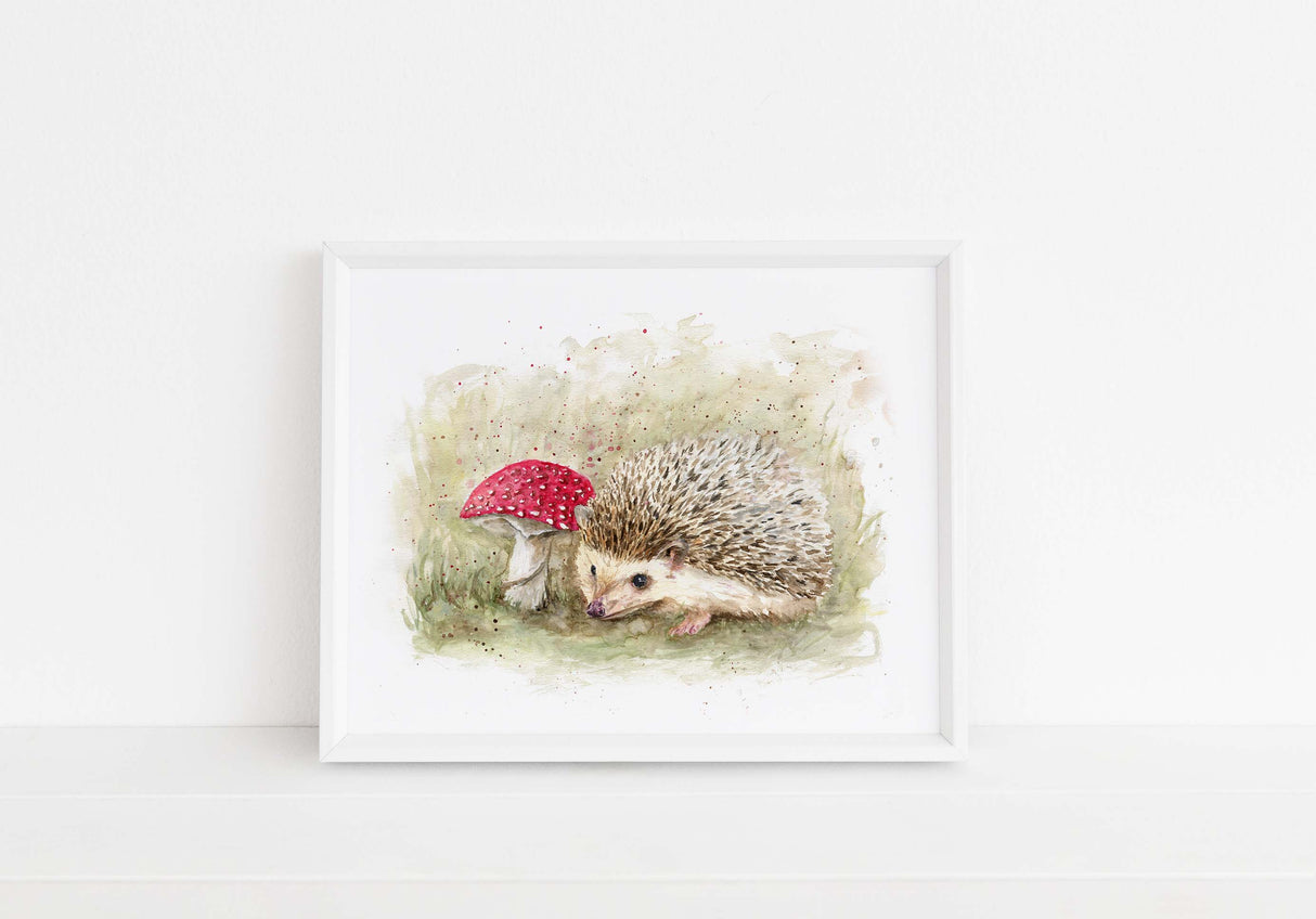 Charming Hedgehog in Woodland Watercolor Print, Rustic Nursery Decor with Hedgehog and Toadstool, Hedgehog and Toadstool Watercolor