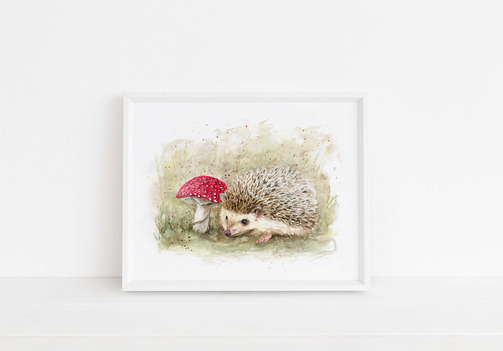Charming Hedgehog in Woodland Watercolor Print, Rustic Nursery Decor with Hedgehog and Toadstool, Hedgehog and Toadstool Watercolor