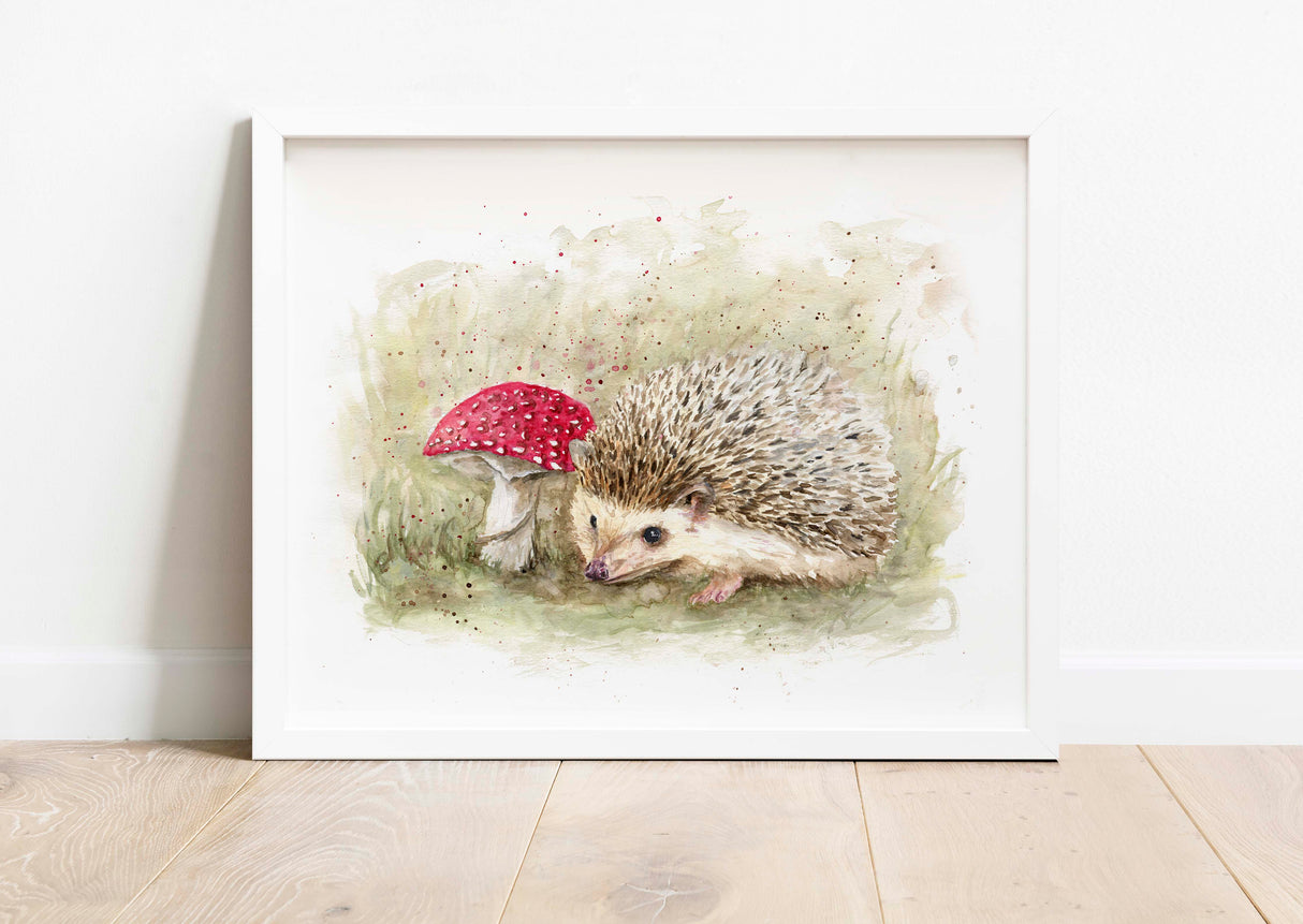 Whimsical Forest Hedgehog Painting Print, Nature-inspired Hedgehog and Mushroom Watercolor, Tranquil Forest Hedgehog Art for Home Decor