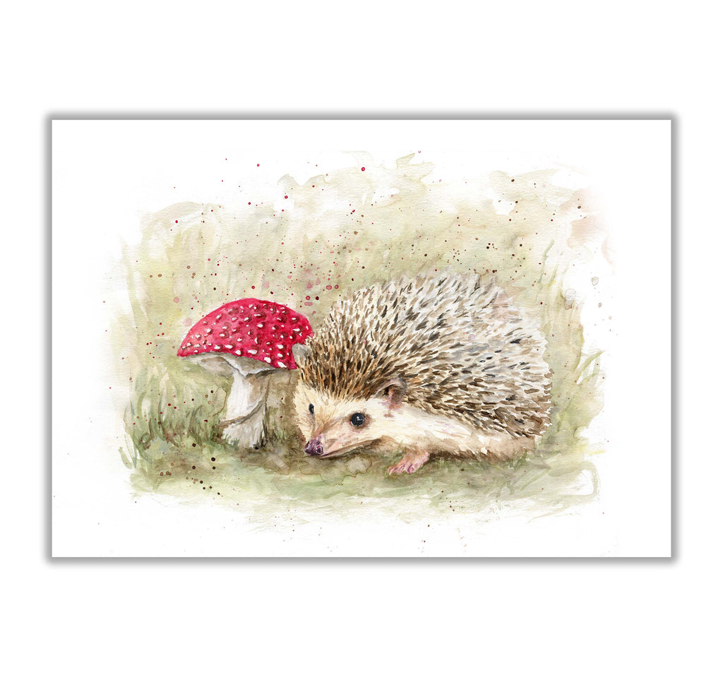 Hedgehog and Toadstool Watercolor Painting for Walls, Delicate Hedgehog and Toadstool Art Print, Woodland Creatures Watercolor 